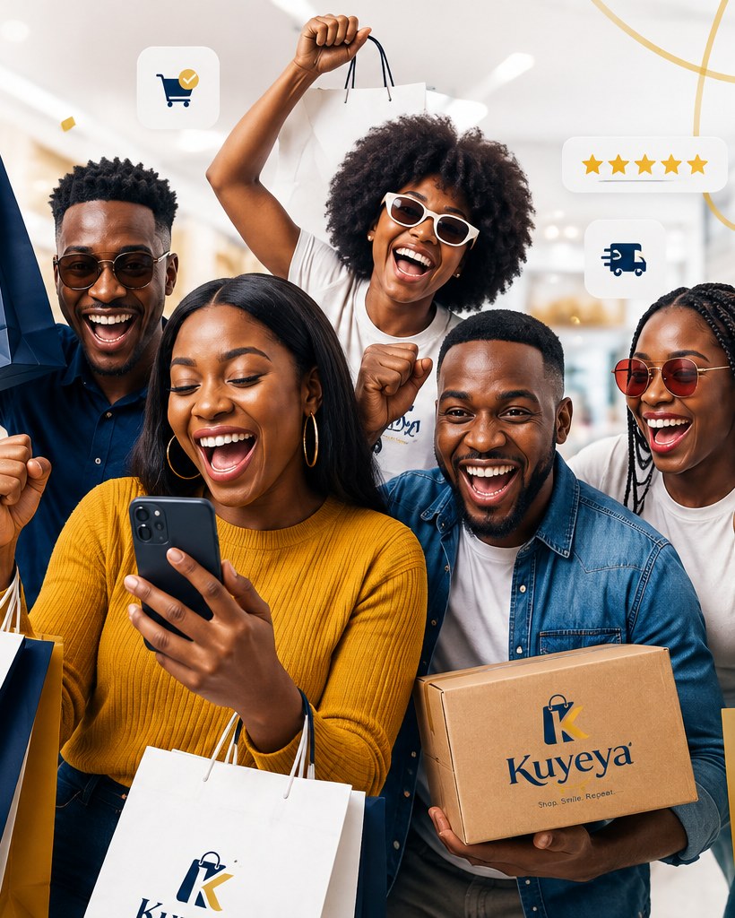 Happy Kuyeya shoppers holding branded bags and parcels